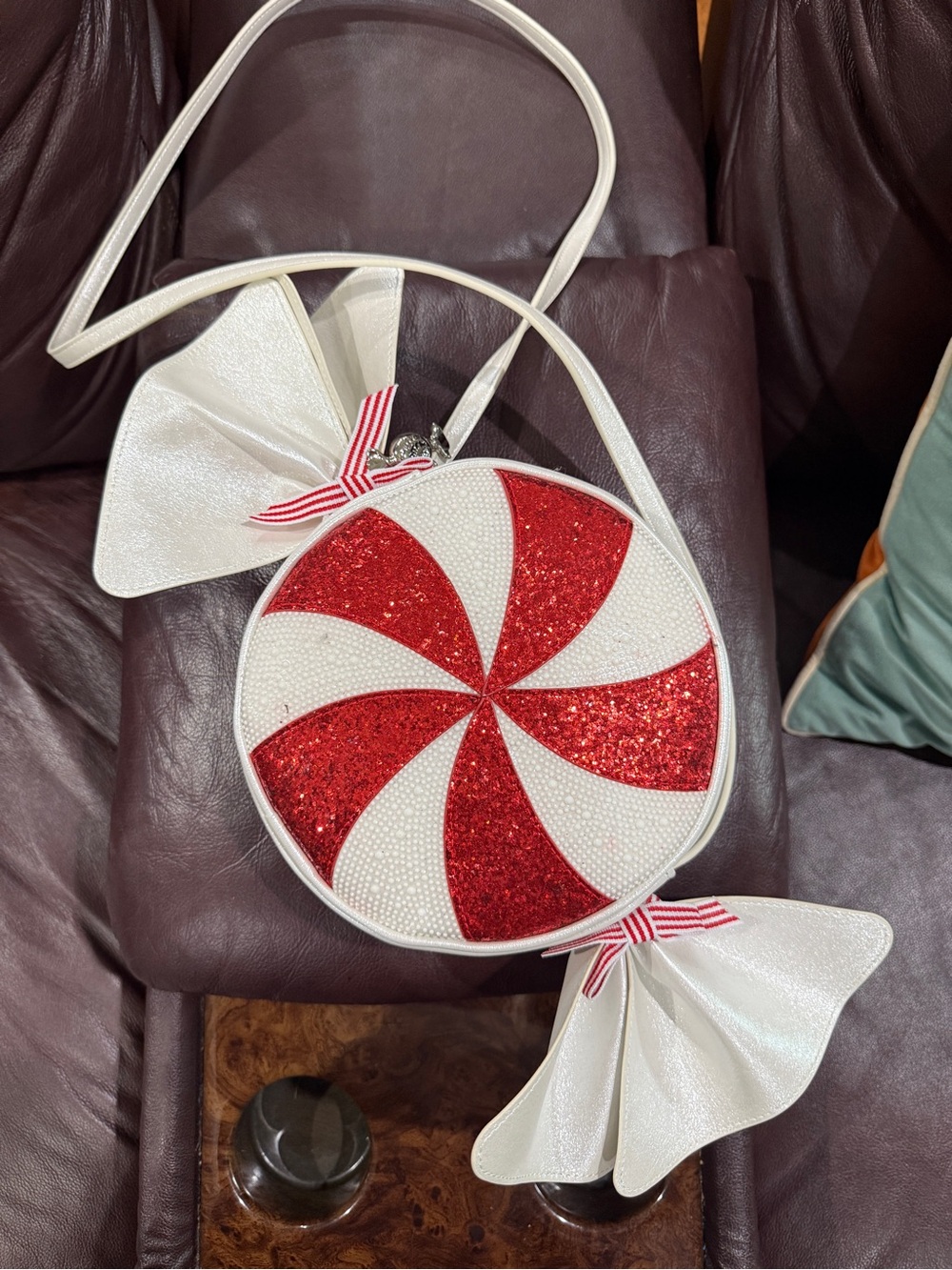 Betsey Johnson Red and White Glitter Peppermint Candy Crossbody Bag